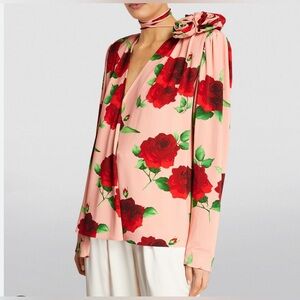 $1800 Magda Butrym jersey rose print blouse shirt top 3D flower brooch shoulder